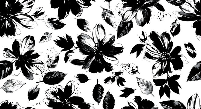 Black and white floral pattern with flowers and leaves.