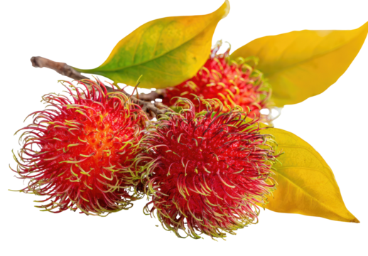 Tropical lychee-like fruits with red spiky skin and yellow leaves