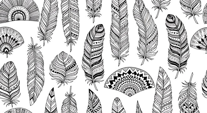 Hand-drawn seamless pattern with a collection of ornate black and white feathers in a boho, tribal style.