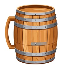 A wooden barrel mug is held together by metal bands and has a handle on the side