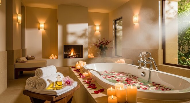 A luxurious spa bathroom with a fireplace, candles, and a bathtub filled with rose petals.