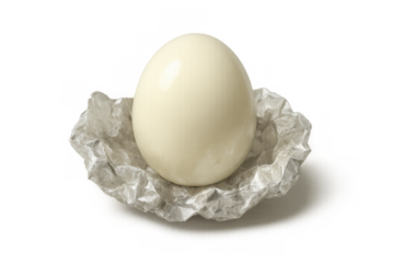 Peeled hard-boiled egg resting on its crumpled shell, ready for a healthy breakfast, rich in protein, with transparent background