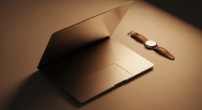 Sleek portable computer rests beside classic timepiece under warm focused lighting