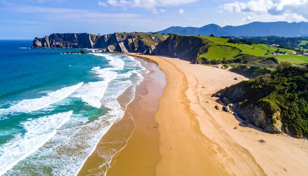 Aerial view of a wide, sandy beach with blue waves, rocky cliffs, and green hills under a partly cloudy sky