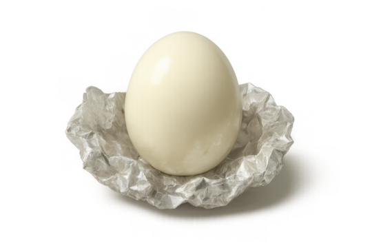 Peeled hard-boiled egg resting on its crumpled shell, ready for a healthy breakfast, rich in protein, with transparent background
