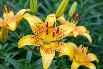 Close up shot of a cluster of yellow Asiatic lilies