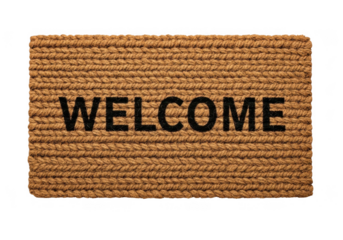 Brown coir doormat with welcome text isolated on transparent background