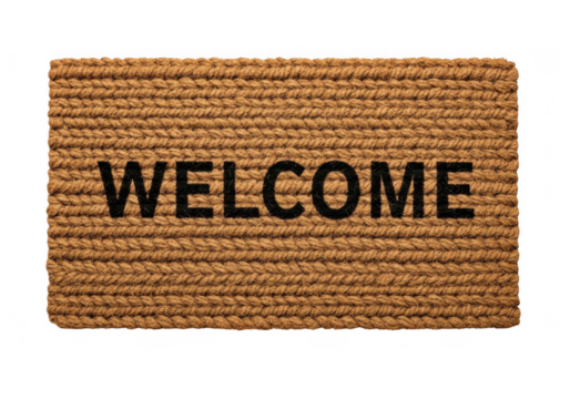 Brown coir doormat with welcome text isolated on transparent background
