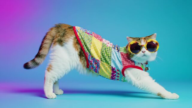 Cat Yoga - A Calicos Colorful Stretch Routine in Vibrant Studio.