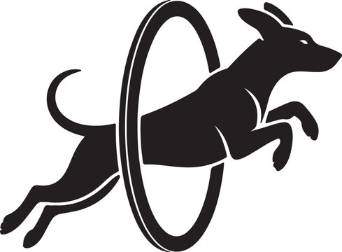 Dog jumping through agility ring silhouette icon