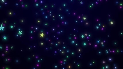 Colorful Glowing Stars Rising On Dark Blue Background. Seamless Loop Of Shimmering Animated Particles For Magical, Celebration, Fantasy, And Cosmic Themes. Vibrant Multicolored Stars Falling Upwards L