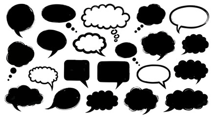 Collection of speech bubbles and thought clouds in various shapes and sizes, black and white.