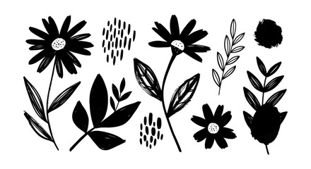 Black and white botanical illustration with flowers, leaves, and abstract shapes.