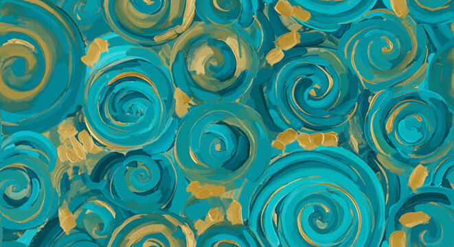 Abstract painting with teal and gold swirls, creating a dynamic and textured visual effect.