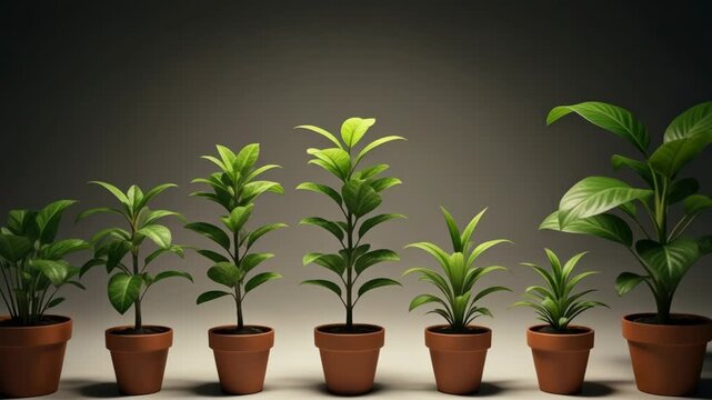 A row of potted plants showing different stages of growth from seedling to mature plant. Concept for business investment, financial success, and personal development over time