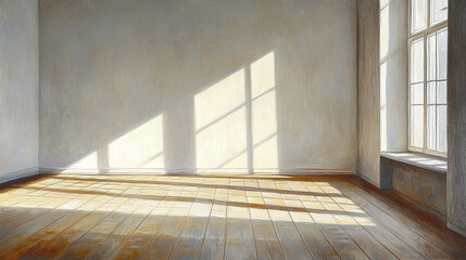 Spacious empty room with warm wooden floor reflecting soft natural light through large window casting shadows on plain walls creating calm and peaceful atmosphere