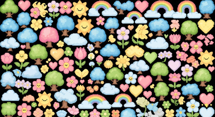 A vibrant collection of pixelated spring-themed elements, including trees, flowers, and rainbows.