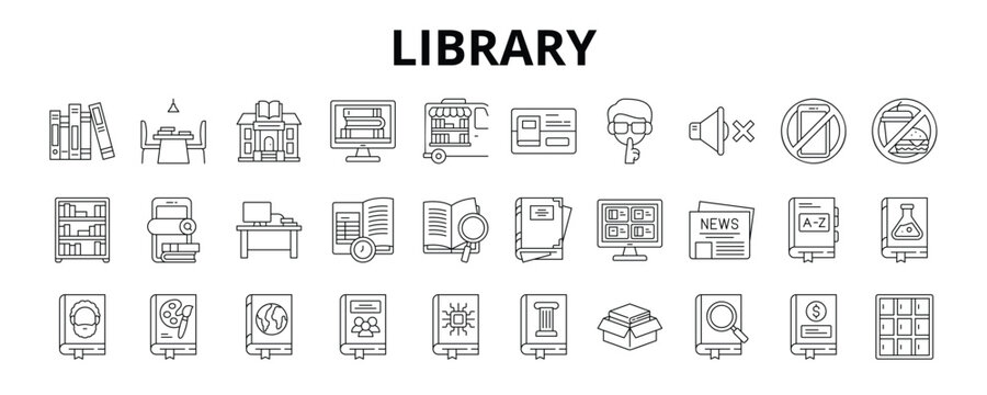 30 Library Line Icons Vector - Silent Zone, No Phone, No Eating, Bookshelf, Book Archive, Librarian Desk, Library Card