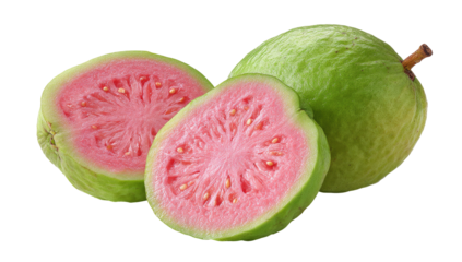 Two pink guavas, one whole, one halved, revealing seeds