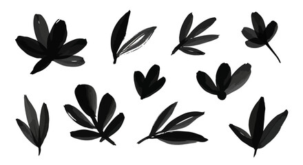 Collection of various hand-drawn black leaf and petal shapes, simple botanical elements on a white background.