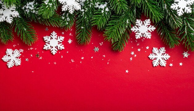 A vibrant red background framed at the top with lush green fir branches and scattered white snowflakes, producing a rich and festive Christmas composition. - Powered by Adobe
