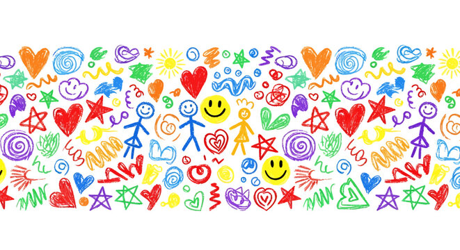 Colorful hand-drawn doodle pattern with hearts, stars, stick figures, and smiley faces on a white background, forming a seamless border.