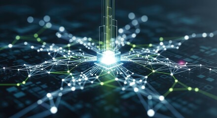 A glowing, futuristic, digital cube with intricate, interconnected lines and dots forming a network on a dark, abstract background.