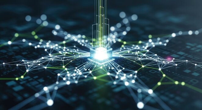 A glowing, futuristic, digital cube with intricate, interconnected lines and dots forming a network on a dark, abstract background.