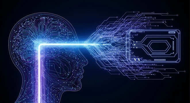 Futuristic human head with digital connection lines for AI and technology