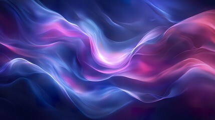 Obraz premium Flowing abstract light waves in blue and purple hues create smooth, ethereal texture with soft gradients and glowing highlights, evoking sense of calm and fluid motion