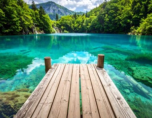 A wooden dock extends into a vibrant turquoise lake, surrounded by lush green forests and a mountain backdrop