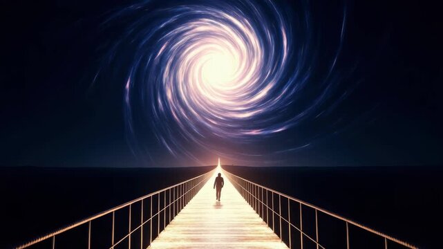 A lone man walks on an endless bridge towards a cosmic vortex in deep space. Conceptual journey into the unknown representing destiny, future and spiritual exploration