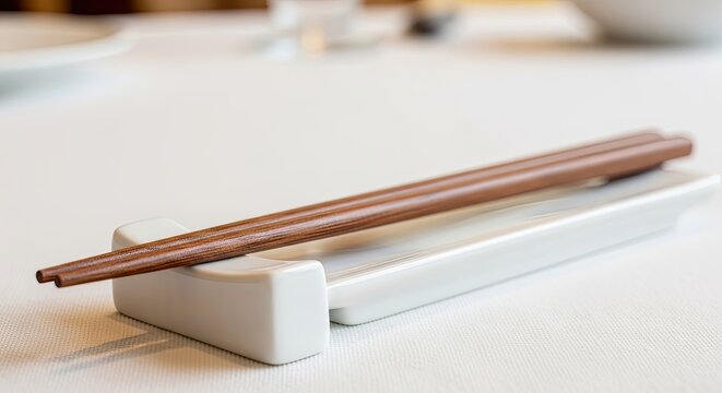 A pair of wooden chopsticks resting on a white ceramic holder. - Powered by Adobe