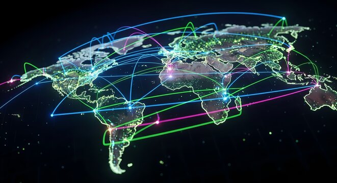 Global network connecting the world with colorful glowing data lines