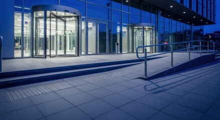 Modern office building entrance featuring an illuminated glass facade and revolving doors at dusk, complete with an accessible ramp in a sleek urban setting.