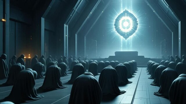 Anonymous hooded figures kneeling in a futuristic temple during a mystical ceremony. A congregation in a dark hall bows to a glowing alien artifact or divine energy source