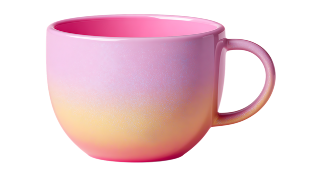 Pink and yellow gradient ceramic mug isolated on transparent background