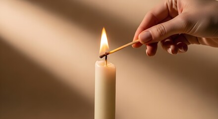 Lighting a candle with a match close up