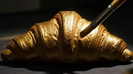Sequence of an artist painting a fresh croissant with edible gold paint. Luxury gourmet food concept for exclusive patisserie advertising. Dramatic lighting on a dark background