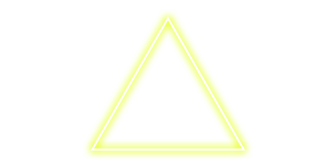 Yellow neon triangle frame glowing light border outline on transparent background