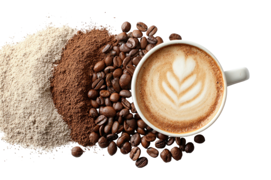 Textured coffee elements grounds, beans, and latte art