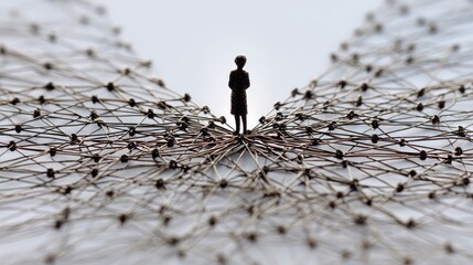 Silhouette of Person Standing on Network of Connected Strings Symbolizing Relationships and Communication