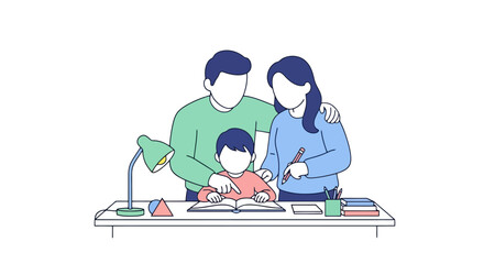 Family Helping Child with Homework at Desk Education and Support Concept
