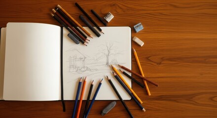 Obraz premium Drawing supplies including pencils and an open sketchbook rest on a warm wooden surface