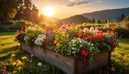 A wooden flower box overflows with colorful blooms as the sun sets behind rolling hills and trees