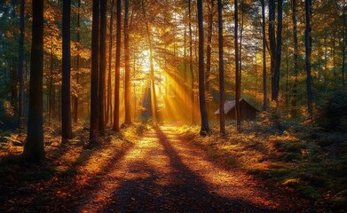Obraz premium Golden sunbeams streaming through tall autumn trees onto a leaf-strewn forest path with a small wooden cabin, casting long shadows and evoking peaceful warm serenity