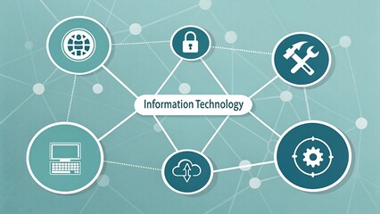 IT infrastructure concept featuring security, cloud computing, and maintenance symbols.