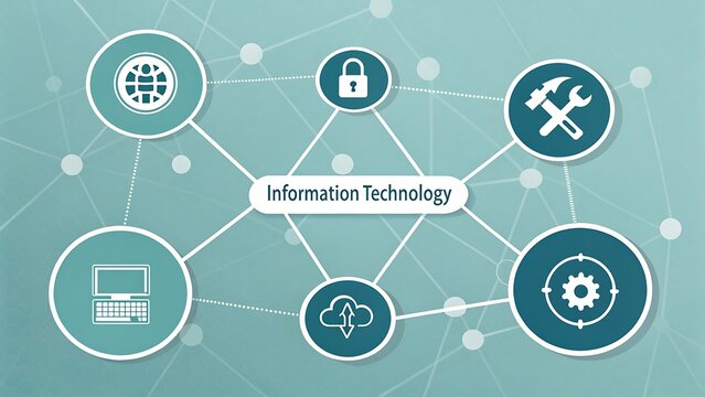 IT infrastructure concept featuring security, cloud computing, and maintenance symbols.