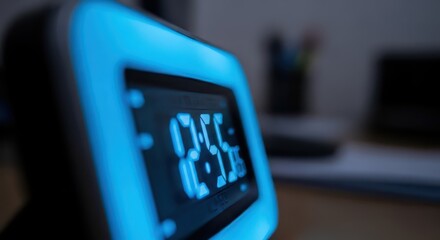 Digital time display glows with bright blue light in dimly lit interior setting