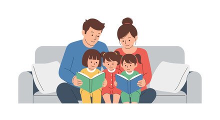 Happy Family Reading Together on Cozy Sofa Childhood Education and Bonding Illustration